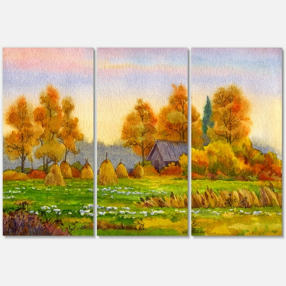 Designart ' Orange Fields With Haystacks I ' Lake House Canvas Wall Art Print