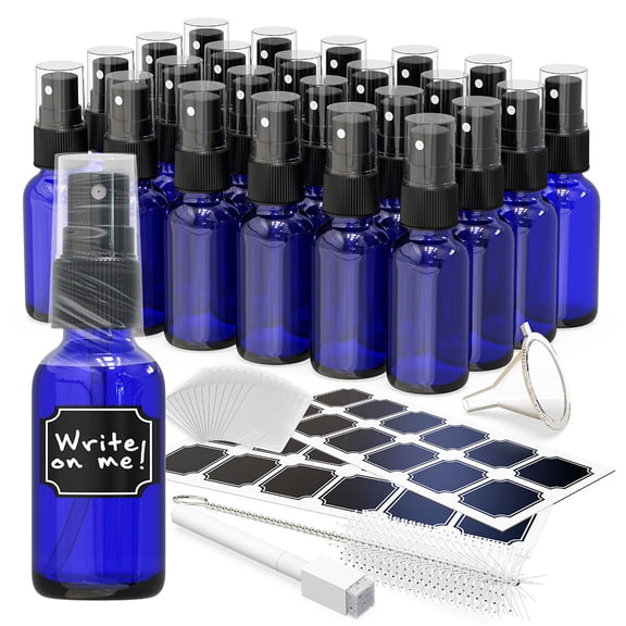 Nevlers 1 oz Cobalt Blue Glass Spray Bottles (Set of 24) | Includes Funnel, Brush, Shrink Wrap, Labels and Marker