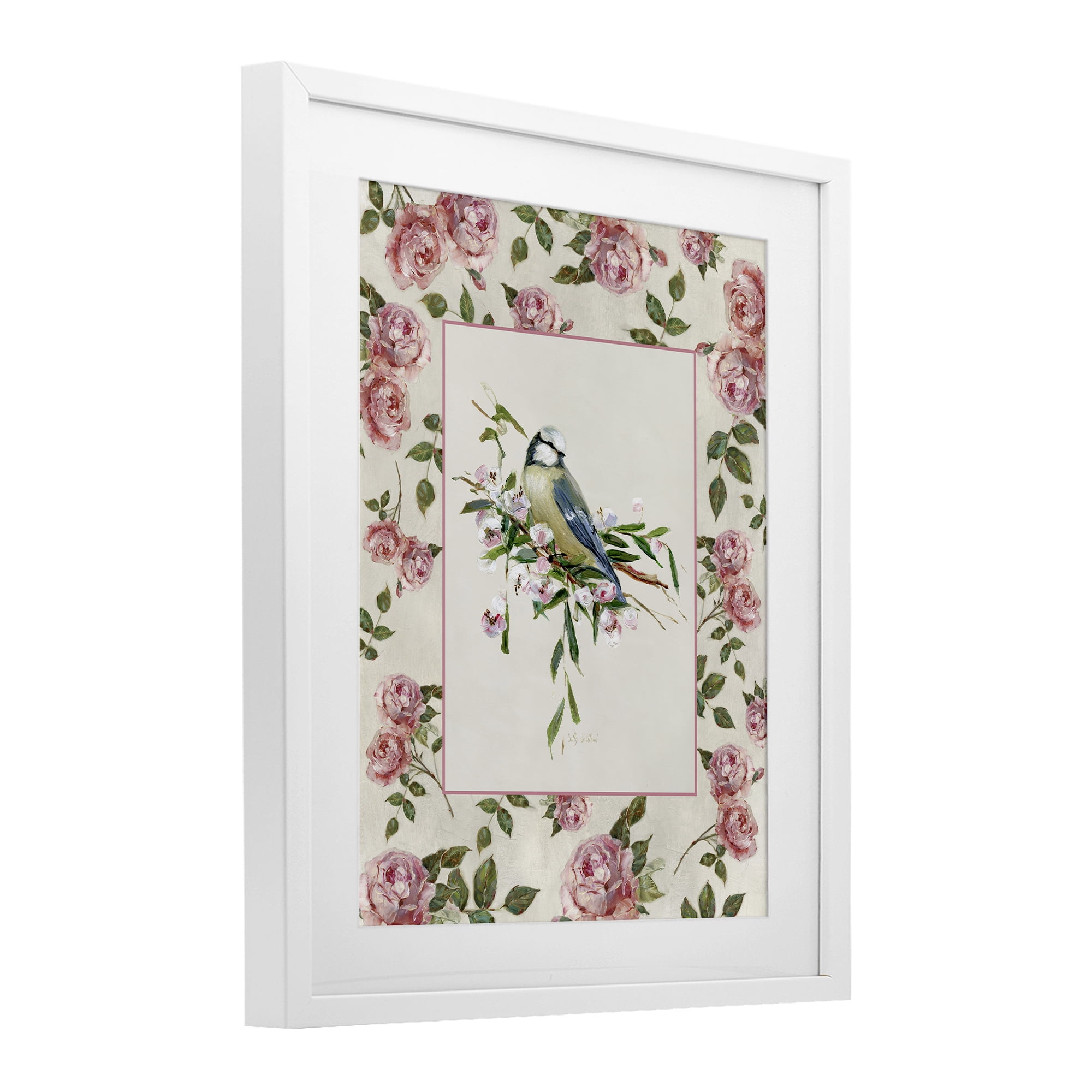 Stupell Industries Dainty Roses & Perched Bird White Framed Print Under Glass, design by Sally Swatland