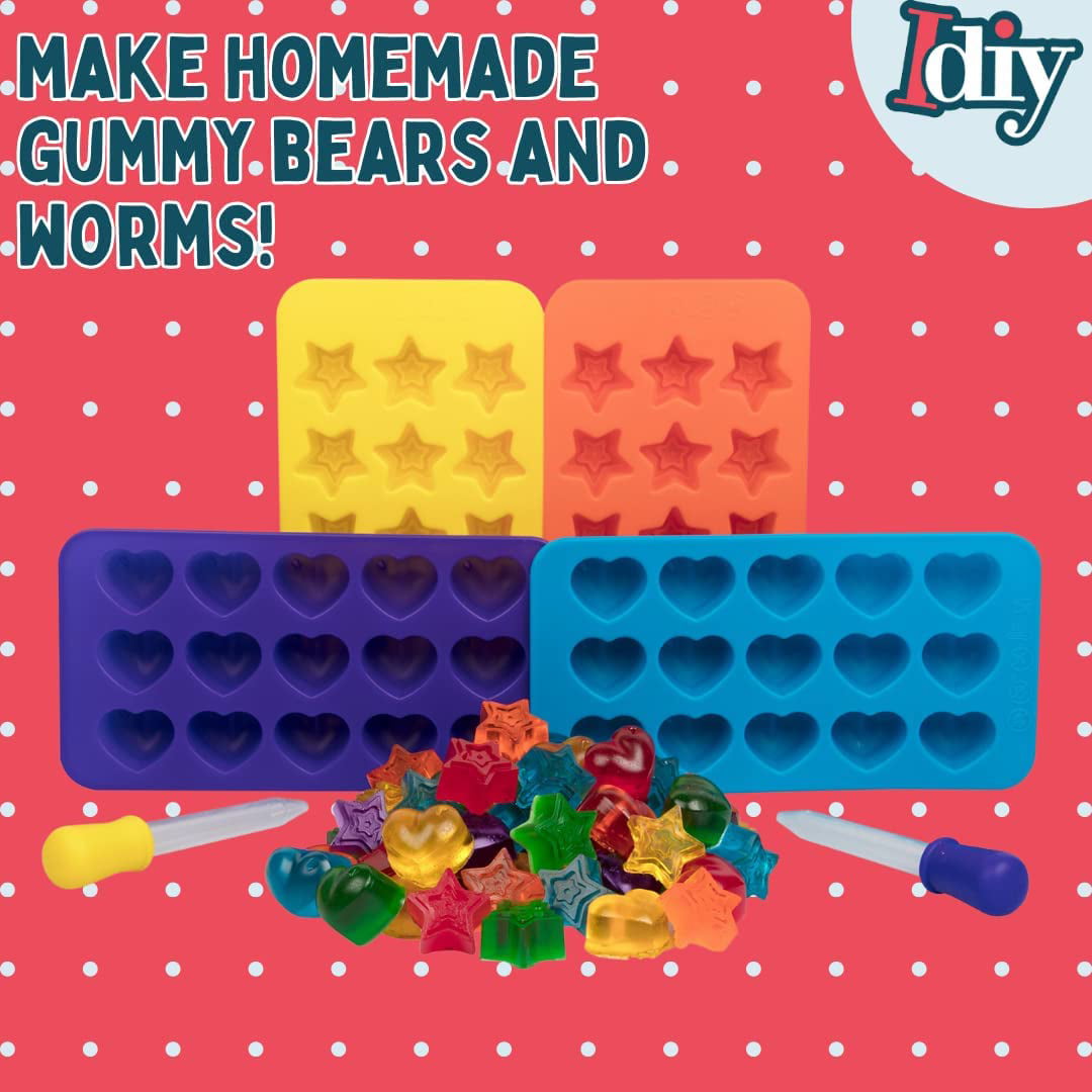 SCS Direct Gummy Bear and Worm Gummy Candy Molds, 4 Pack Set - XL Nonstick Trays with 2 Droppers for Chocolate, Ice Cubes and More - Makes 140 Candies - BPA-Free