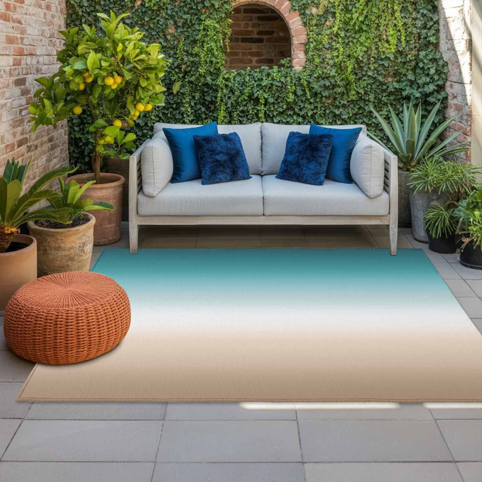 5' x 8' Outdoor Rug, Teal Beige Ombre Cream Outdoor Washable Rug Large Floor Carpet, Modern Turquoise Abstract Art Aesthetics Non Shedding Area Rug for Outside Patio RV Porch Deck Balcony Camping