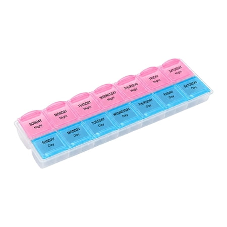Pill Organizer, 7 Day AM PM Clear Colorful Transparent Portable Medication Holder with 8.5 Inch x 2.6 Inch x 1.0 Inch Dimension 1 Pack Travel Daily Supplement Case for Vitamin Fish Oil Pills Storage