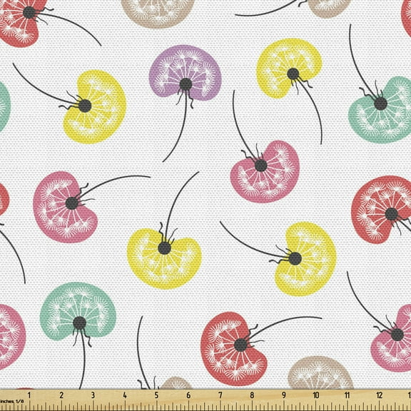 Dandelion Fabric by the Yard, Continuous Pattern of Abstract Colorful Floral Fun Summer Feels, Upholstery Fabric for Dining Chairs Home Decor Accents, 5 Yards, White and Multicolor by Ambesonne