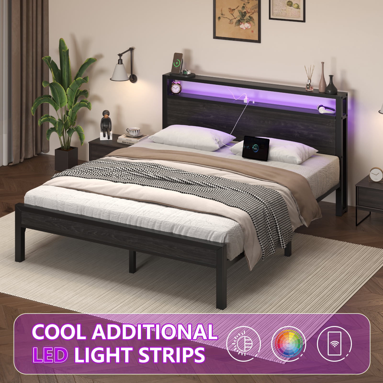 Queen Size Bed Frame with Storage Headboard, Metal Platform Bed with LED Lights & Charging Station, Heavy Duty Metal Slats, Black