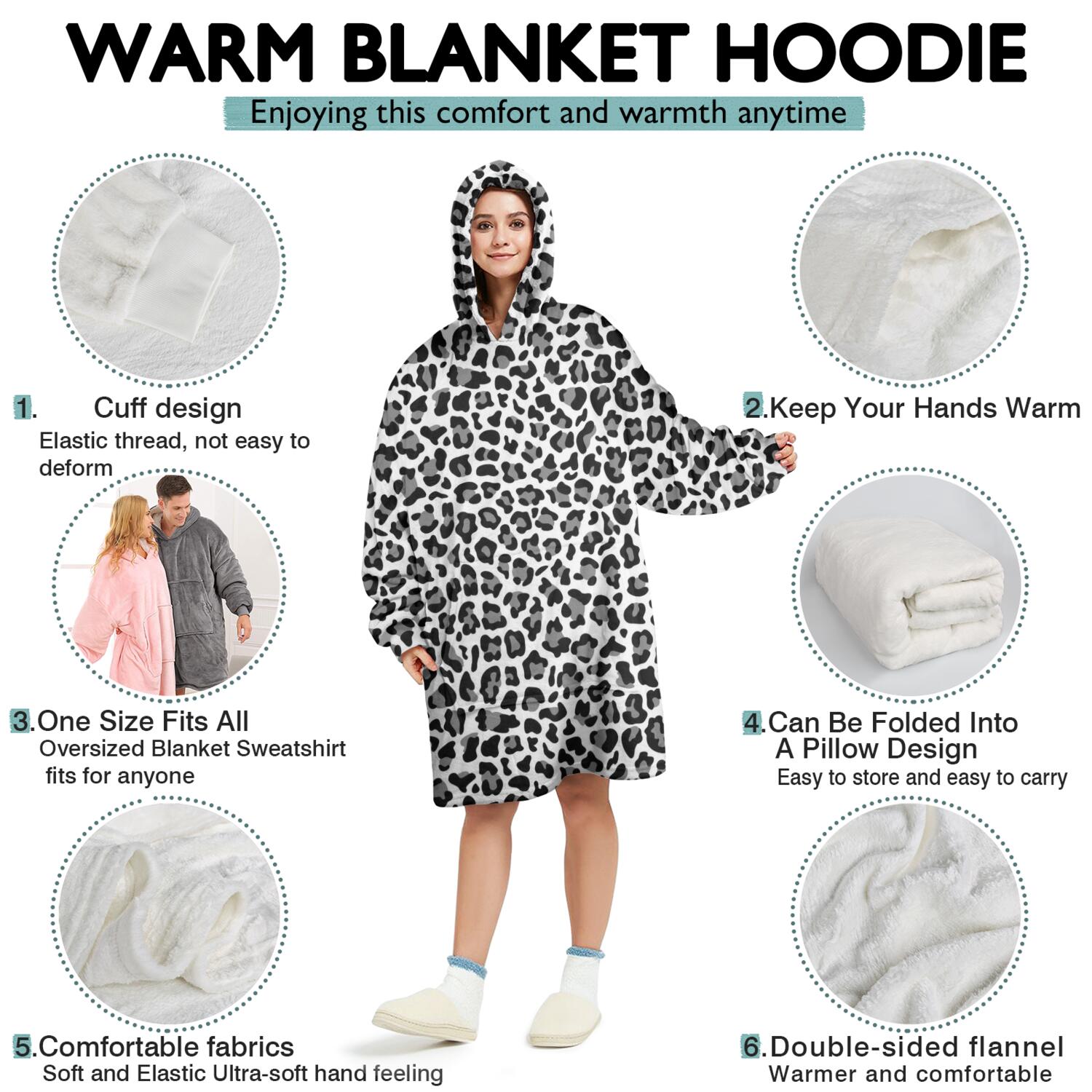Black Leopard Print Wearable Oversized Blanket,Wearable Blanket Hoodie for Adults,Cozy Hooded Blankets with Super Pockets,Super Warm Fuzzy Pullover for Women & Men