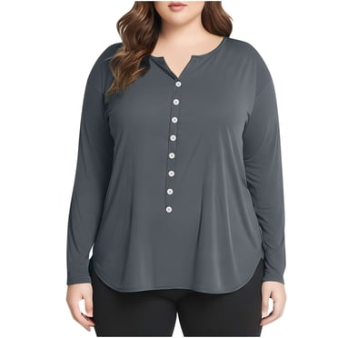 Haut Tunique à Manches Longues pour Femme Grande Taille, Col Ras du Cou, Boutons, T-Shirts Surdimensionnés, Blouse, Hauts Tendance