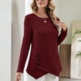 thumbnail image 3 of Wine Red Women's Long Sleeve Crewneck Tunic Top with Irregular Hem and Buttoned Trim for Casual Fashion, Size M, 3 of 6