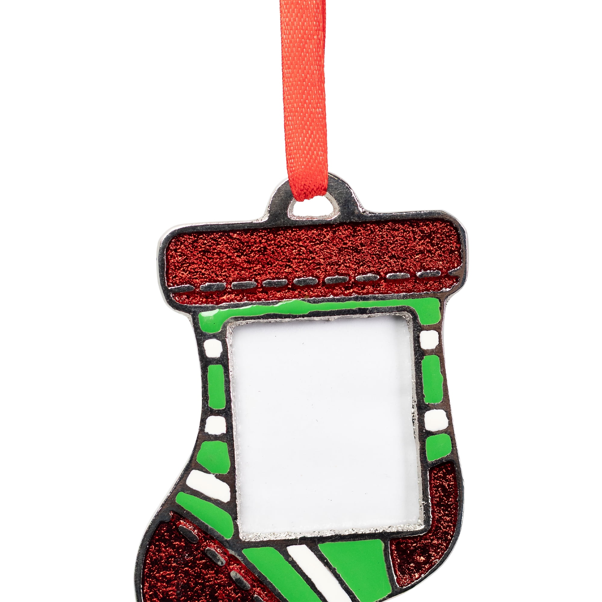 Striped Christmas Stocking Photo Frame Ornament - 3.25"