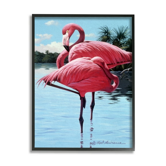 Stupell Industries Flamingos Balancing on Shore Animals & Insects Painting Black Framed Art Print Wall Art, 11 x 14