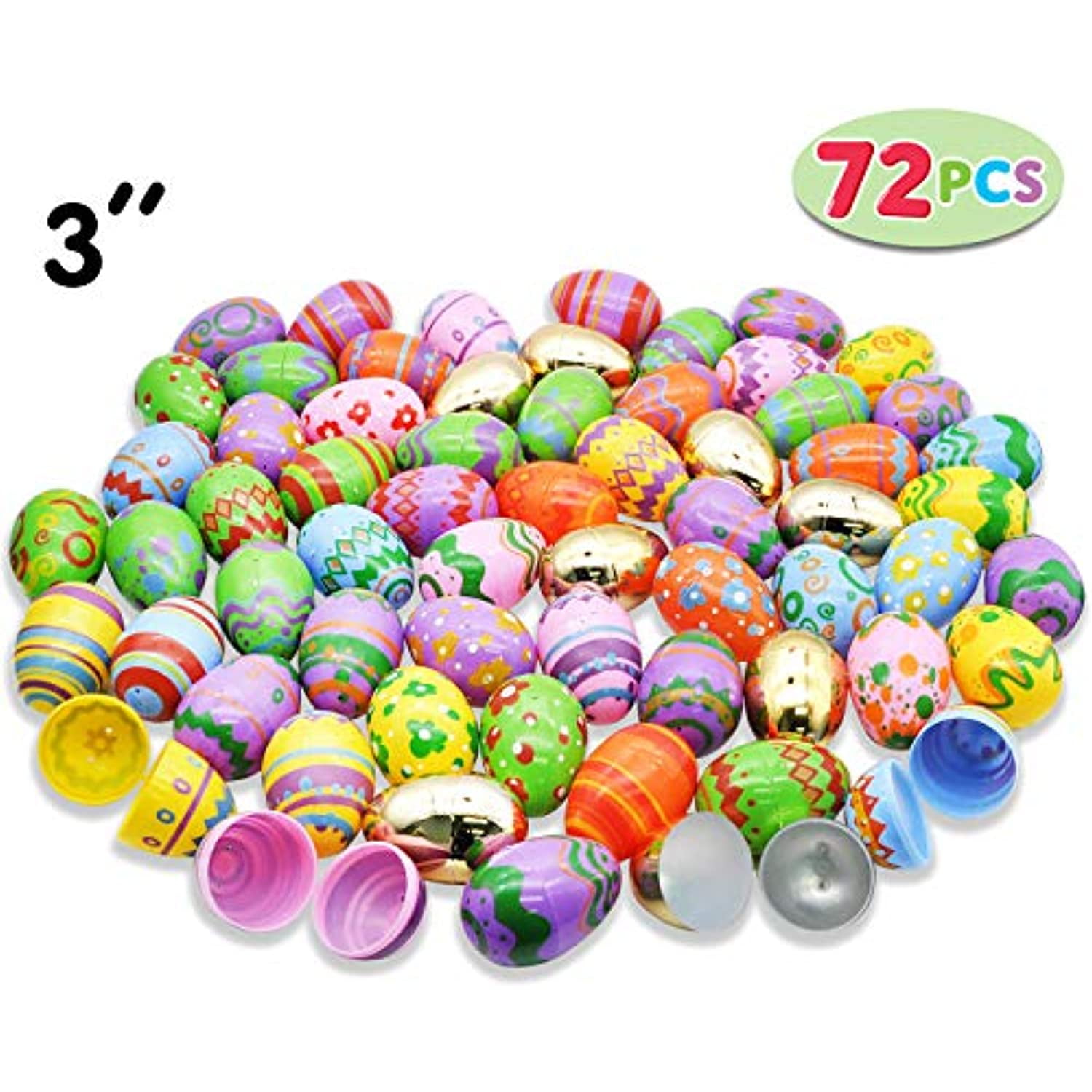72 Pcs Jumbo Plastic Printed Bright Easter Eggs plus Golden eggs, Over
