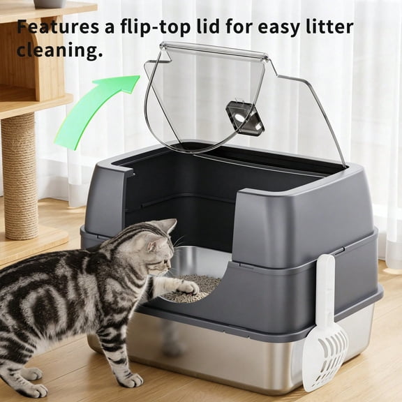 Stainless Steel Litter Box with Lid, Side Entry Large Enclosed Cat Litterbox for Kitty & Multi-Cat, Flip Cover Easy to Clean, High Sided Metal Cat Litter Pan with Scoop,Anti-Leakage, Non-Sticky