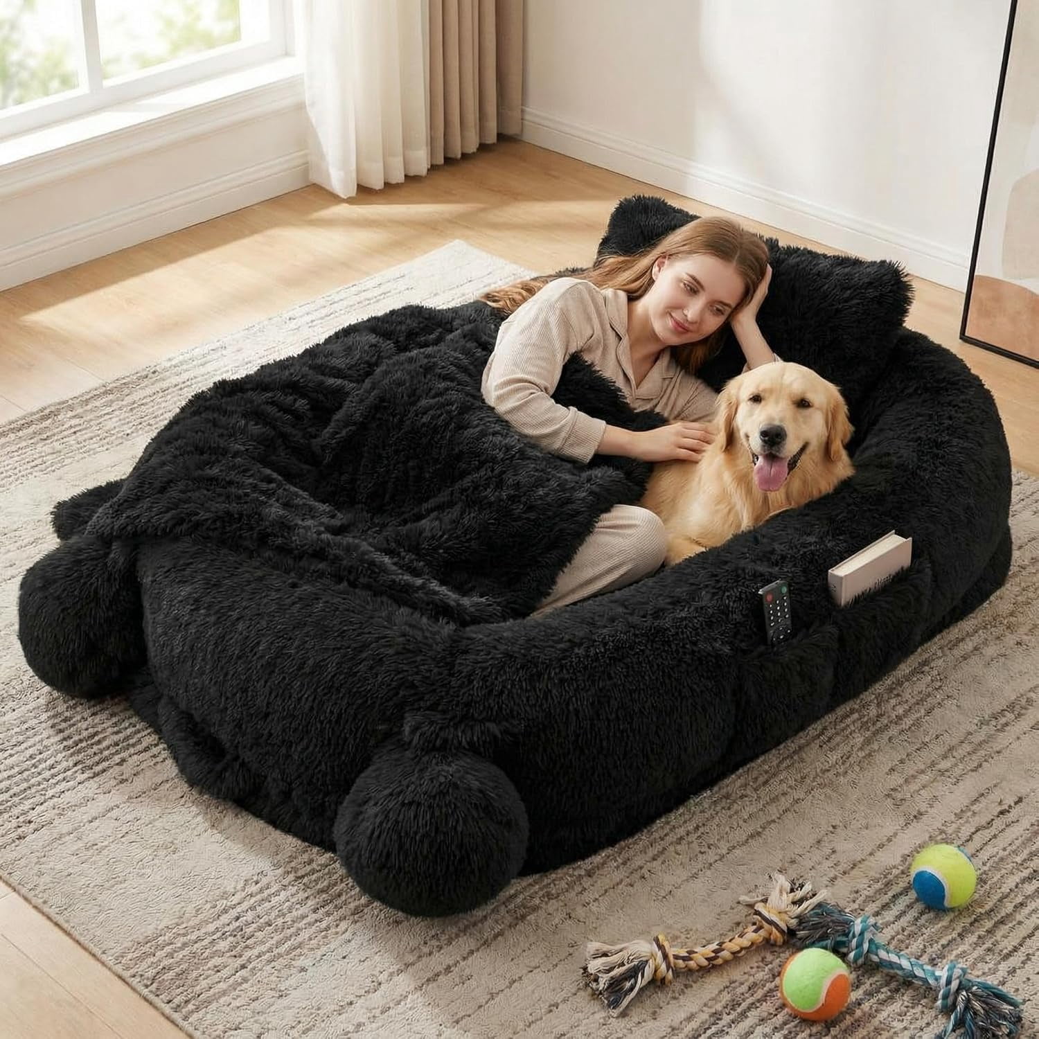 Human Sized Dog Bed, 70.87" x 45" x 12" Large Dog Bed with 2 Storage Pockets, Faux Fur Orthopedic Pet Bean Bed for Adults & Giant Pets - Black