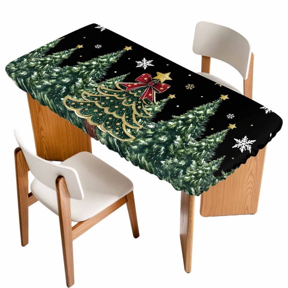 Black Christmas Table Cloths for 5 Foot Rectangle Tables, Snowflake Xmas Christmas Tree Patio Waterproof Elastic Fitted Tablecloths, Washable Rectangular Table Cover for Camping