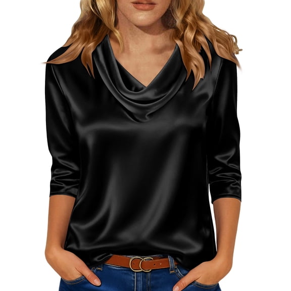 Ahabrexf Satin Blouses for Women, Solid Color Draped Cowl Neck 3/4 Sleeve Casual Satin Top, 1 Pc