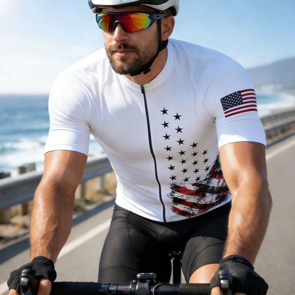 FRSASU Men's Bike Cycling T-Shirt Summer Short Sleeve Casual Full Zipper USA Flag Bicycle Sport Cyclist Tees White-J