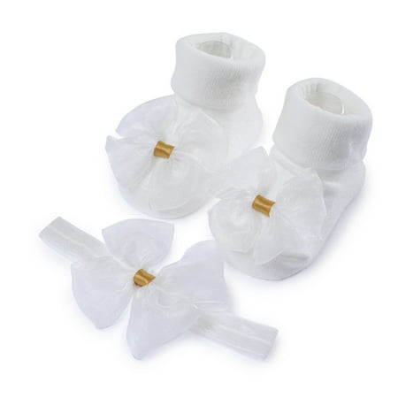 

Esho Baby Girls Soft Lace Cotton Socks + Elastic Bowknot Headband Infants Headwear Floor Socks Set 0-6M 6-12M