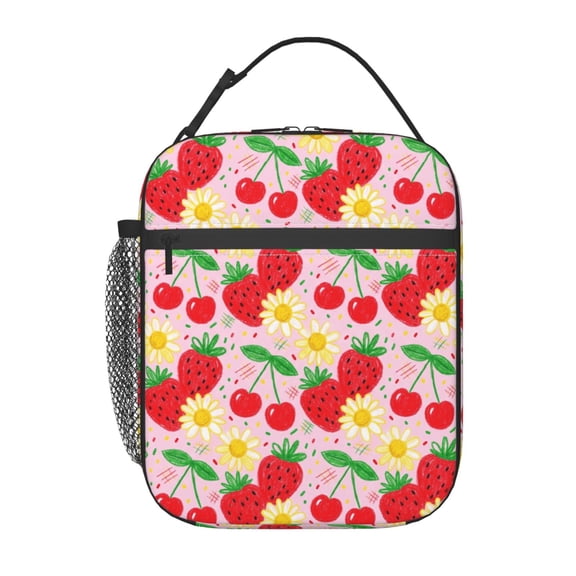 Strawberry Insulated Lunch Box Portable Handheld Reusable Cooler Handbag Front Pocket Cartoon Pattern Travel Work Office
