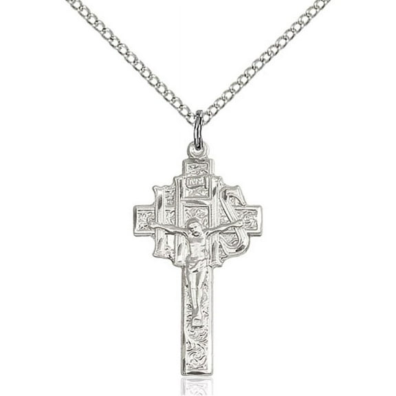 Sterling Silver Crucifix-IHS Pendant 1 X 1/2 inches with 18 inch Sterling Silver Curb Chain