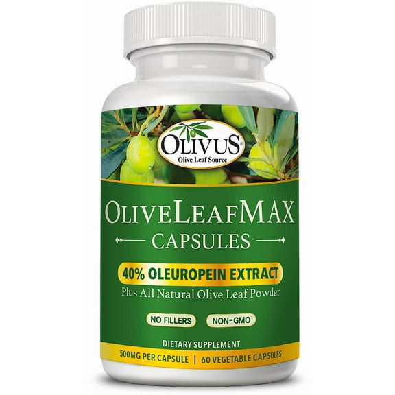 OliveLeafMAX Capsules - Olive Leaf Extract (40% Oleuropein) plus Organic Olive Leaf Powder - 60 Count Bottle
