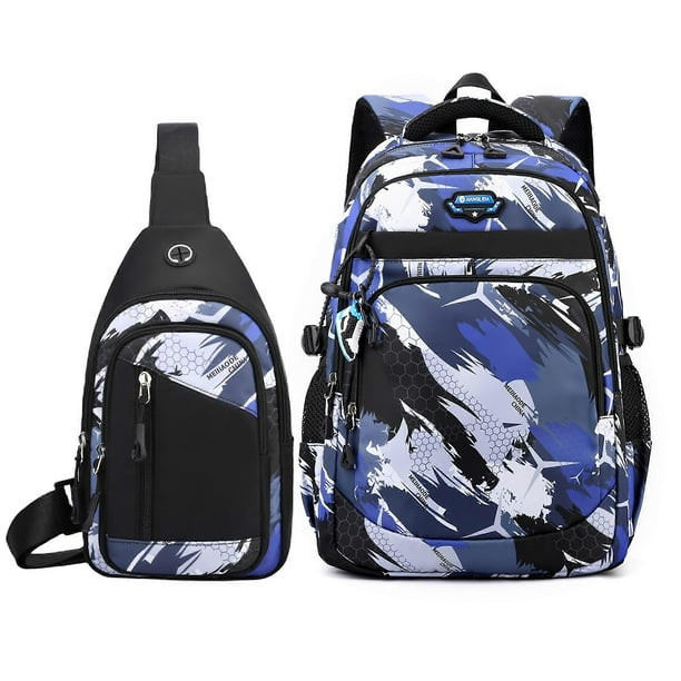 Camo Print Boys Backpack Set - Boys School Bag with Shoulder Bag, Camouflage Travel Backpack with Sling Chest Bag