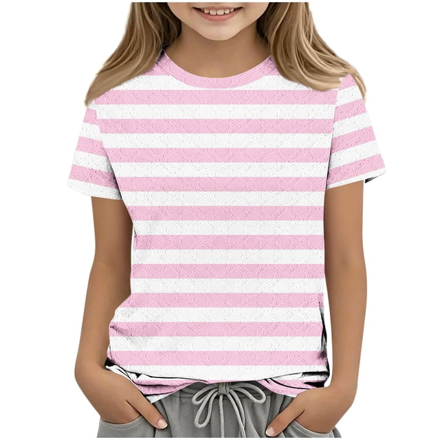 Zpanxa T Shirts for Girls Solid Color Round Neck Loose Fit Print Pattern Top Polyester Spandex 11-12 Years