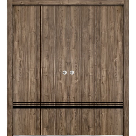 Sliding Closet Double Bi-fold Doors | Planum 0012 Walnut with Frosted Glass | Sturdy Tracks Moldings Trims Hardware Set | Wood Solid Bedroom Wardrobe Doors
