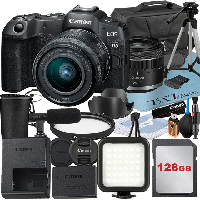 Canon EOS R8 Appareil Photo Sans Miroir avec Objectif RF 24-50mm + Carte Mémoire 128 Go + Étui + Flash LED + Ensemble d'Accessoires ZeeTech