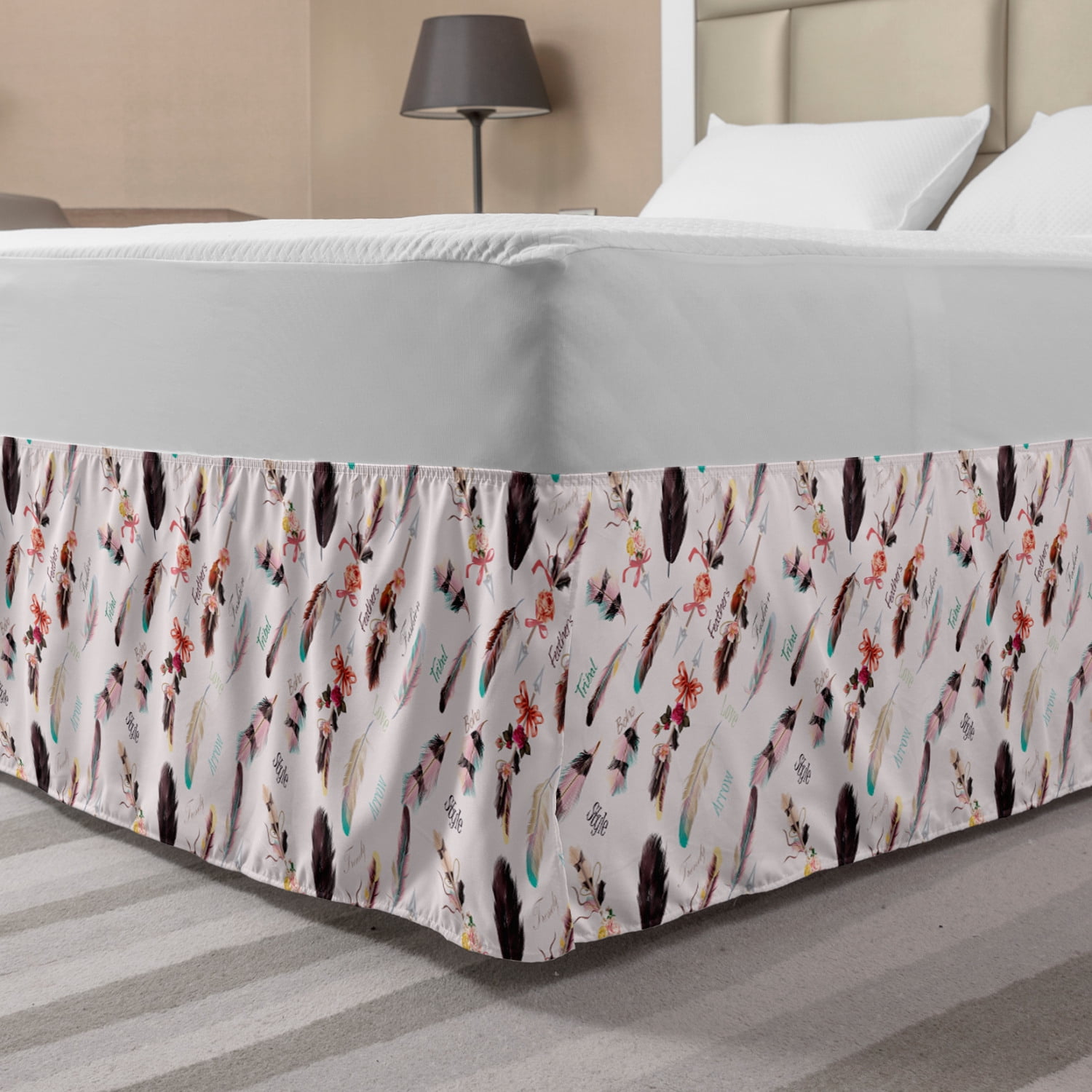 Bohemian Bed Skirt, Fashion Illustration Feathers with Floral Details