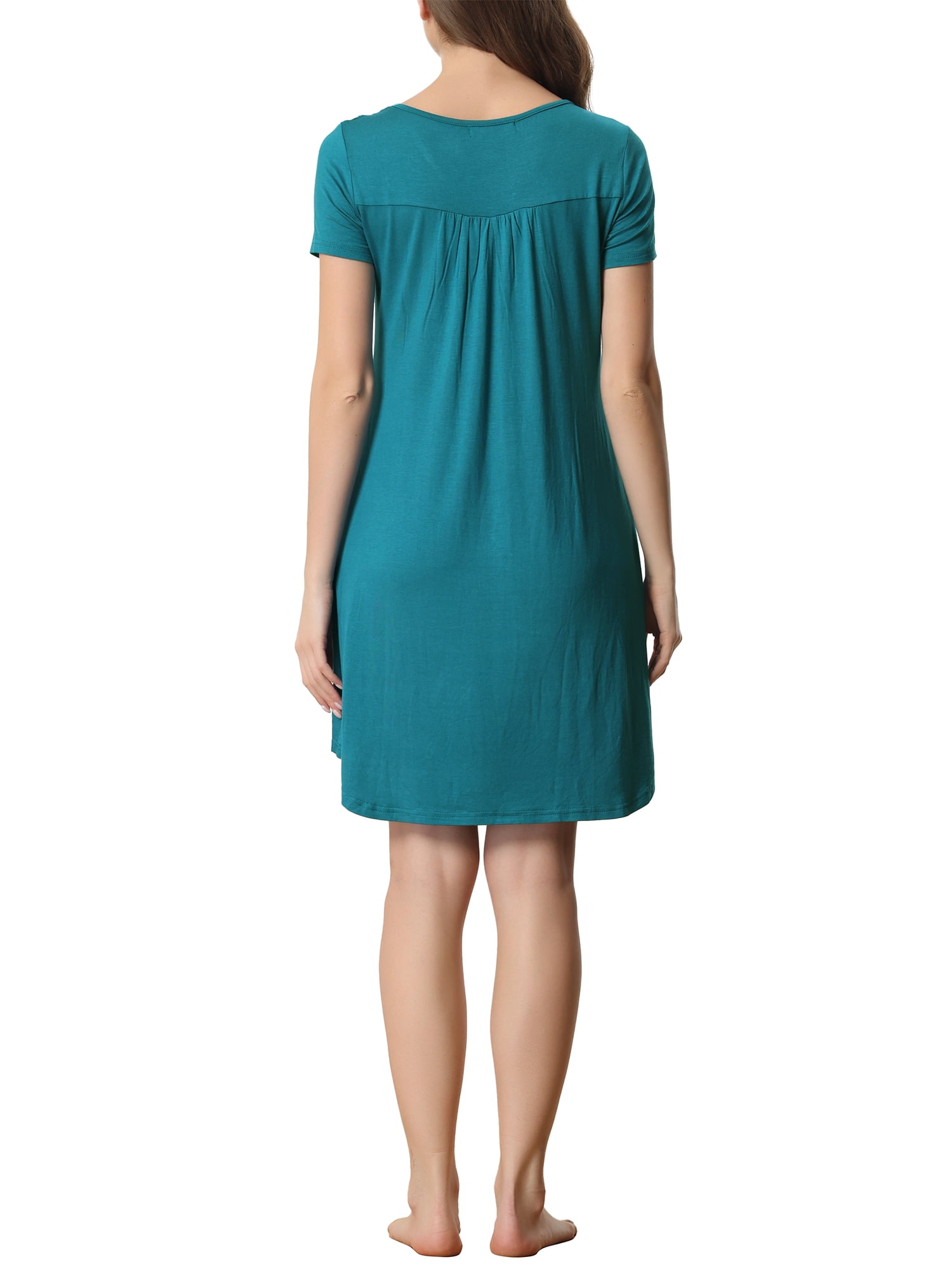 Unique Bargains Women's Sleepwear Soft Button with Pockets Short Sleeve Lounge Nightgown L Green