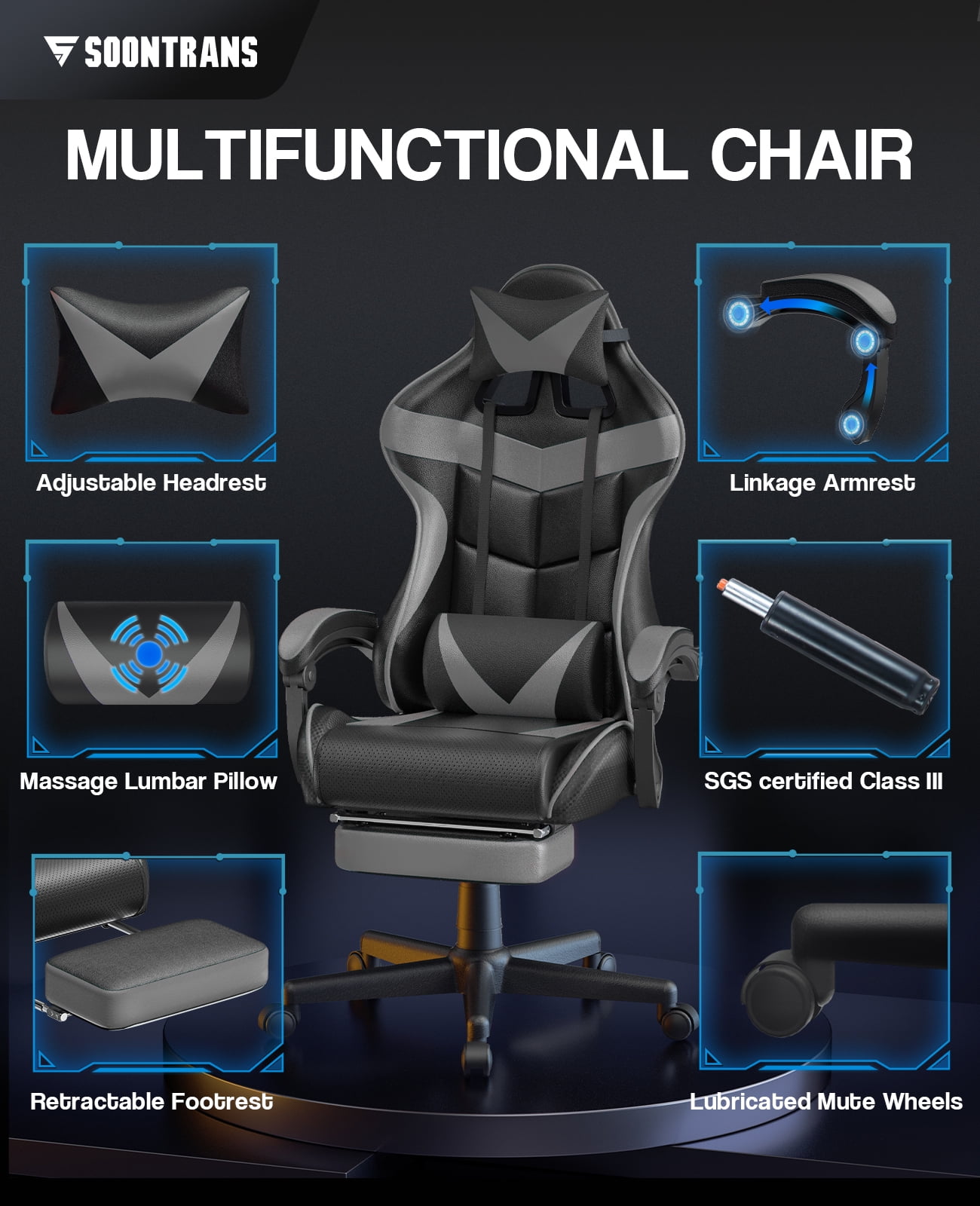 SOONTRANS Gaming Chair with Footrest, Ergonomic Game Gamer Chair with Lumbar Support & Headrest, Recliner Leather Computer Chairs