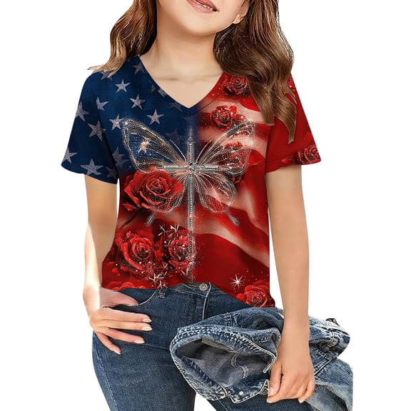XAOFW Girl's T-Shirts Short Sleeve V Neck Graphic Printed Kids Fashionable 250Th Anniversary T Shirts Everyday Wear Loose Fit Tee Shirts Holiday Party Versatile Cozy Children Tops