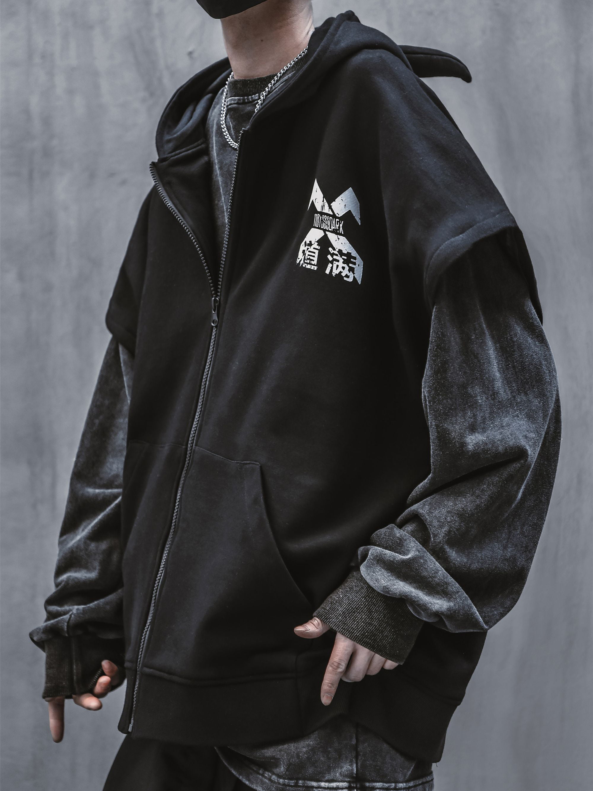 Niepce Inc Japanese Streetwear Black Men's Gothic Zip Up Hoodie Jacket