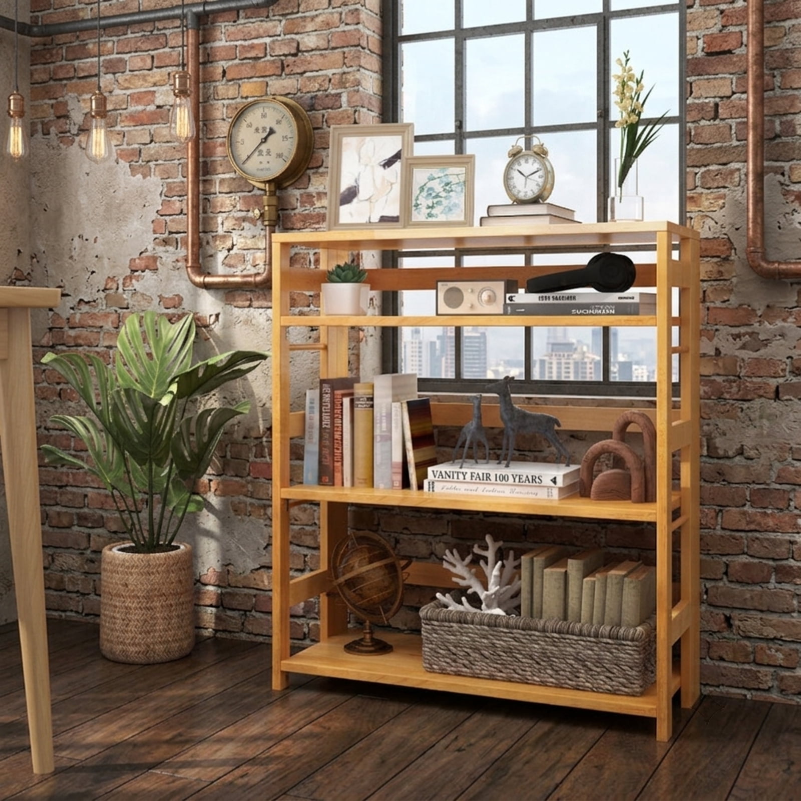 Furnibear 4-Tier Bookshelf Rubber Wood Bookcase with Side Fences for Living Room-29.5 inches for Living Room Home Office Bedroom Display, Natural