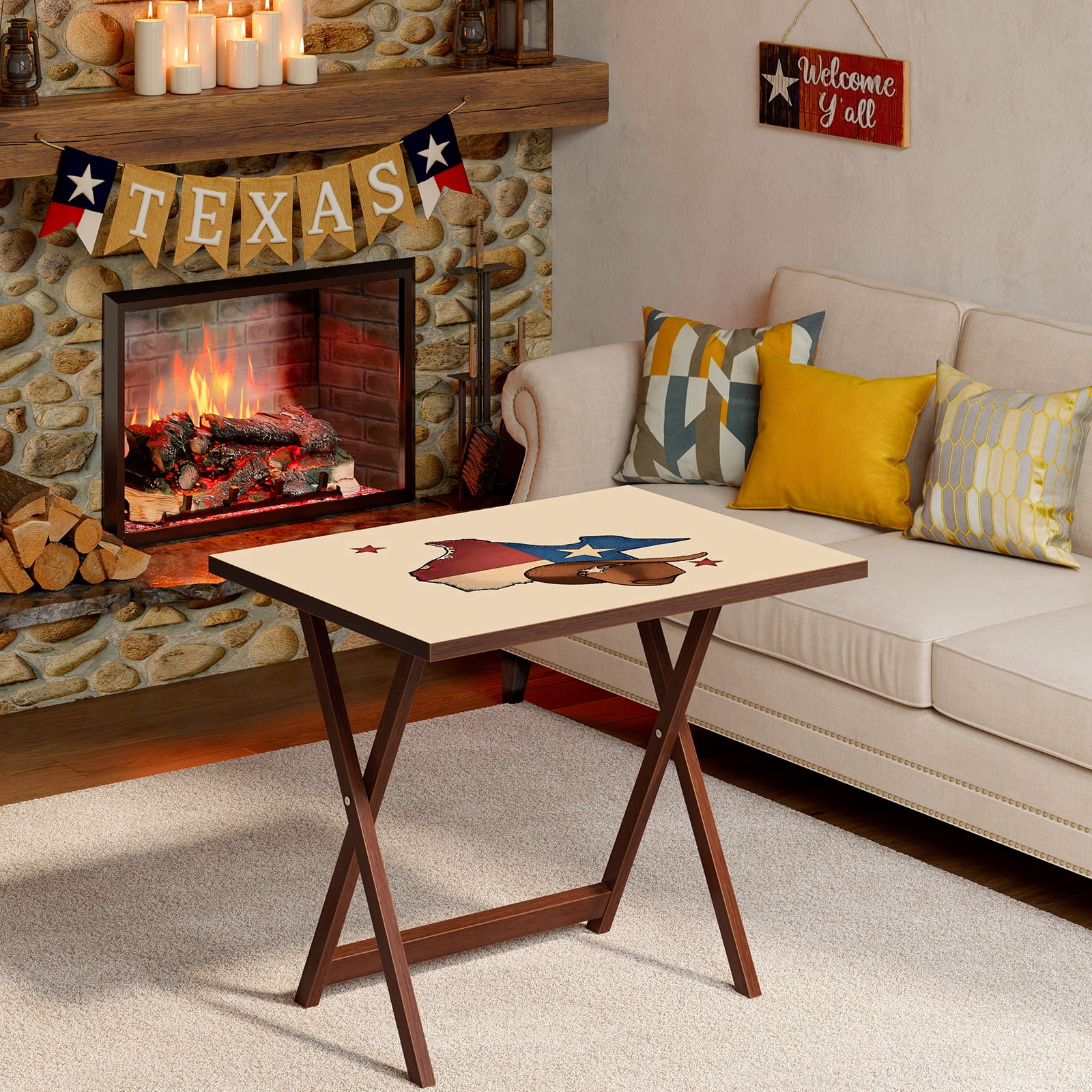 (4 pack) Bestier Texas Theme Folding TV Tray Table,No Assembly Needed,Bedside Tables with Light Weight,XL Size,Daily Use,23.6" L x 17.7" W x 26" H,Walnut