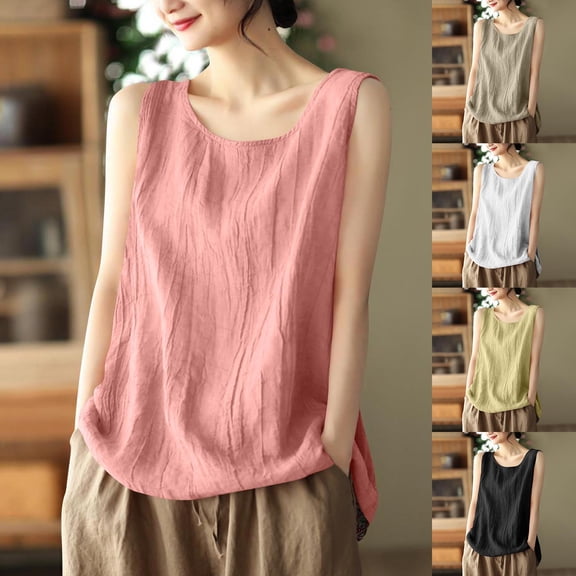 TARIENDY Womens Cotton Linen Tank Tops Plus Size Sleeveless Tops Loose Fit Crewneck Blouses Casual Summer Clothes Green XXXL