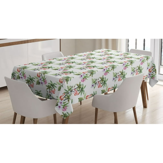 Flamingo Tablecloth, Watercolor Pattern with Exotic Birds Tree Leaves Orchid and Hibiscus Blossoms, Rectangle Satin Table Cover Accent for Dining Room and Kitchen, 52" X 70", Multicolor, by Ambesonne