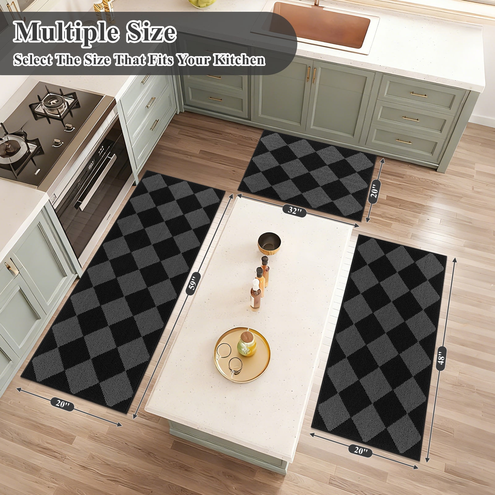 MeyJey Diamond Plaid Kitchen Rugs Sets of 3, Non Slip Kitchen Floor Mats Washable Kitchen Rug, Black Gray