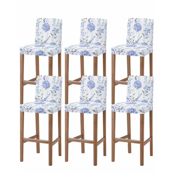Hydrangea Leaves Bar Stool Covers Set of 6, Blue Striped Botanical Floral Stretch Washable Bar Chair Covers with Backs, Removable Pub Counter Height Chair Cover for Kitchen Dining Room Cafe