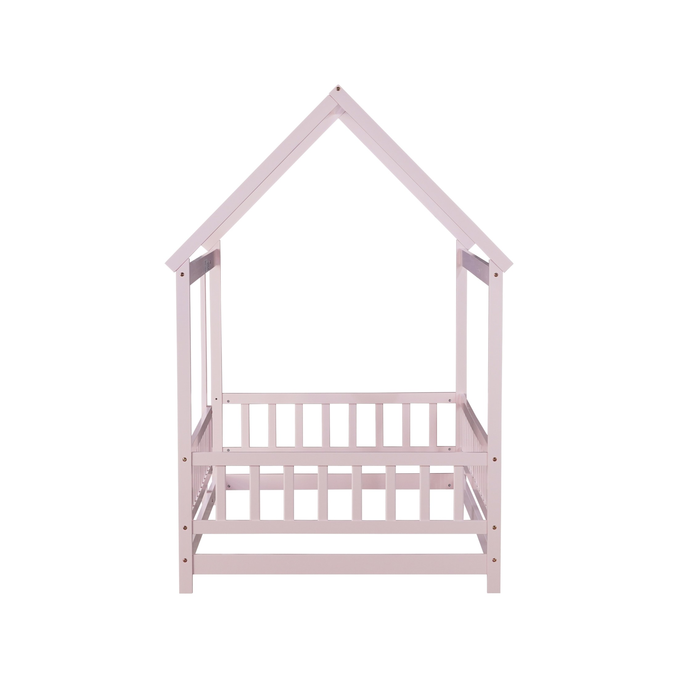 Noble House Travis Twin House Floor Bed with Roof Frame and Safety Fence, Sturdy Wood Montessori Bed, Pink