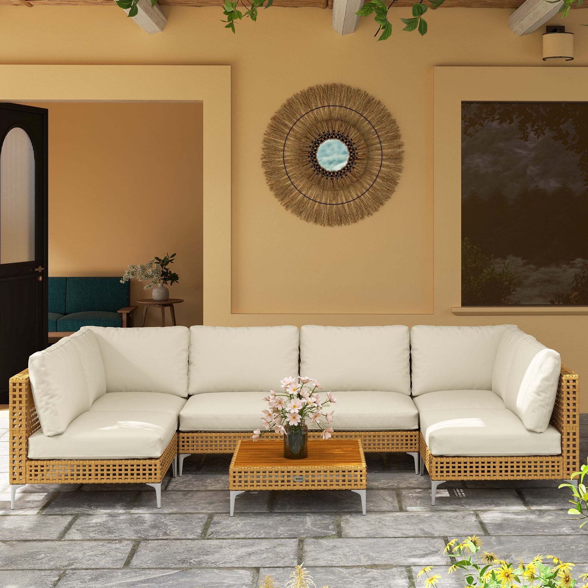 Outsunny 7 Piece Wicker Patio Furniture Set, Modular Outdoor Sectional Conversation Set with Thickened Cushions, Acacia Wood Table, Khaki/Beige