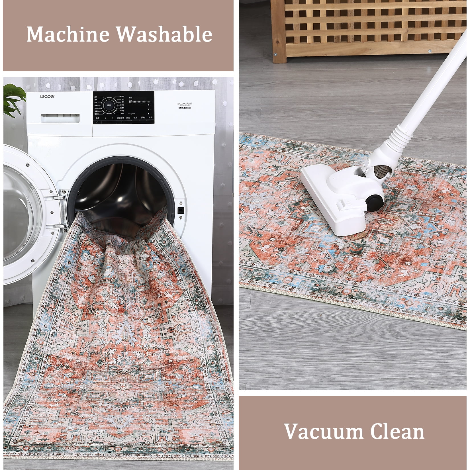 HOMERRY Foldable Area Rug 5' x 7' Washable Floral Geometric Rug for Living Room, Red/Orange