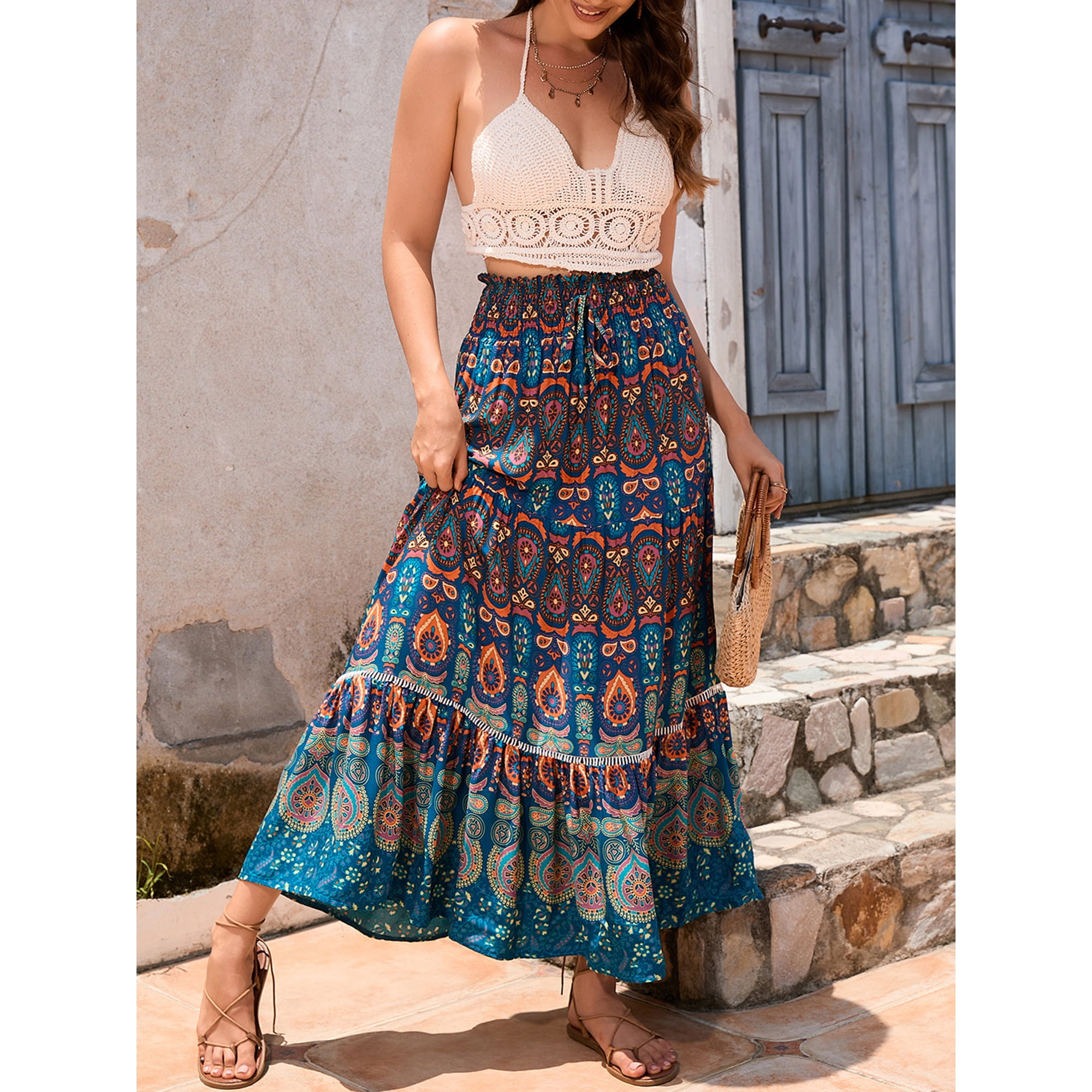 SUNSIOM Jupe Longue Swing Femmes Boho Style Mode Imprime Elastique Taille une Ligne Jupe Volant pour Parti Club Walmart