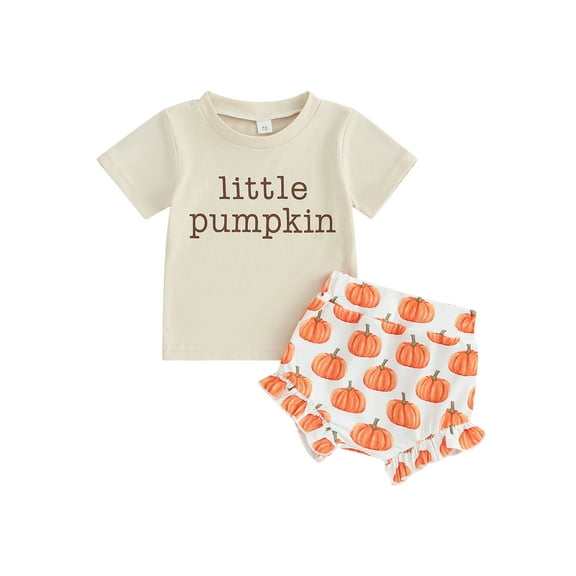 Inevnen Halloween Clothes for Baby Girls Pumpkin Print Short Sleeve T-Shirt   Ruffles Shorts Set