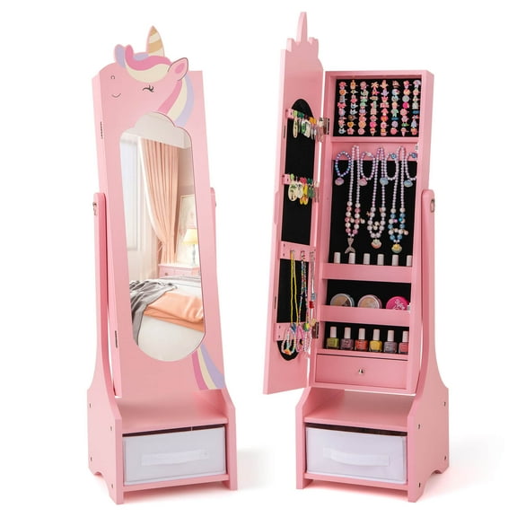 Infans Kids Jewelry Cabinet with Full-Length Mirror 2 Adjustable Tilt Angles Drawer