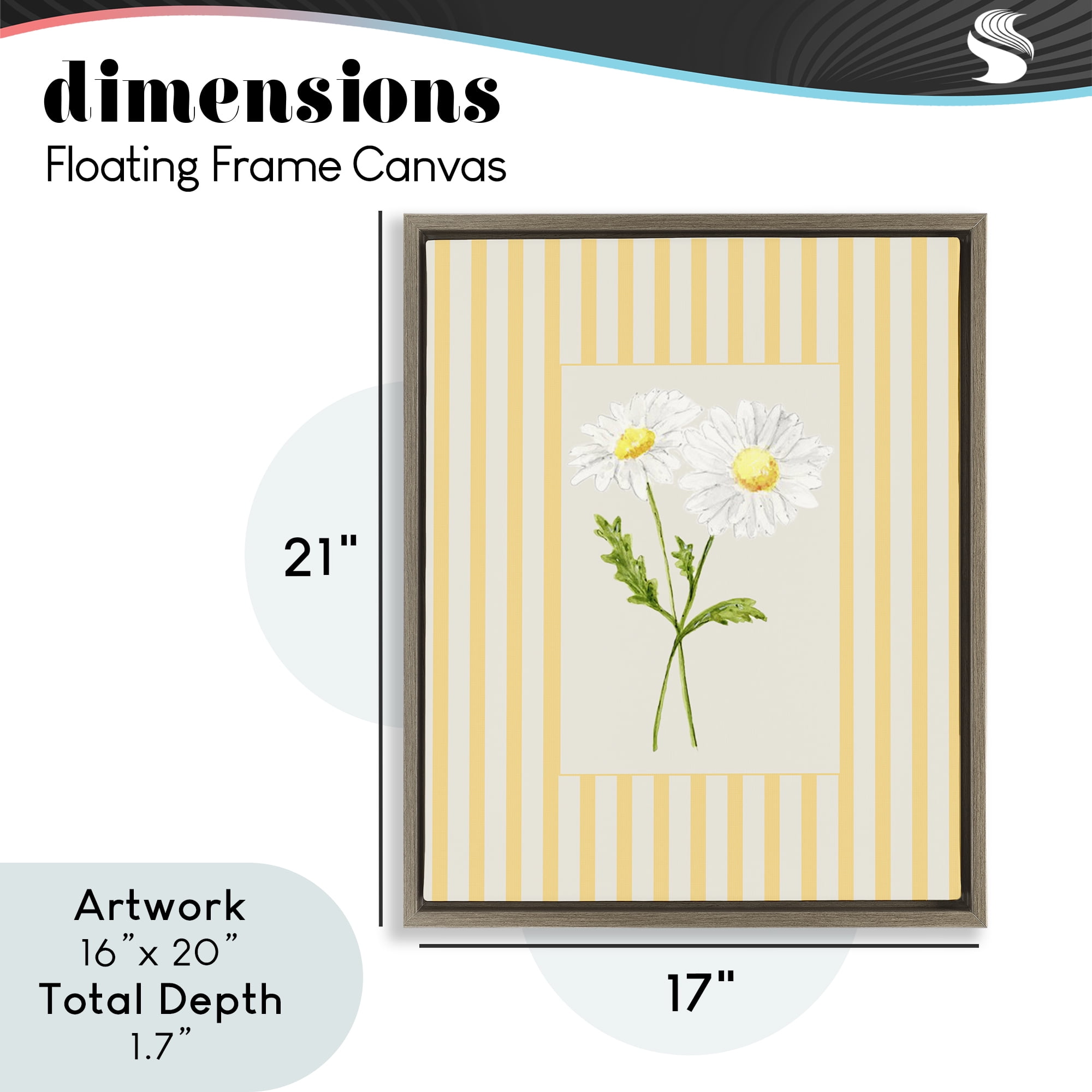 Yellow Stripe Daisy Brown Framed Floater Canvas Wall Art, design by Lisa Wehmeyer