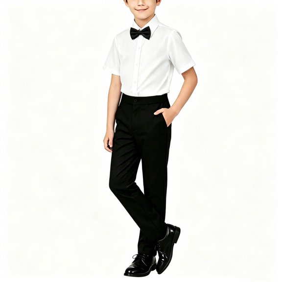 Purcolt Boys 3 Piece Formal Matching Set Dressy Casual Short Sleeve Point Collar Shirt Black Pocket Dress Pants with Necktie or Bow Tie for 2-15Years