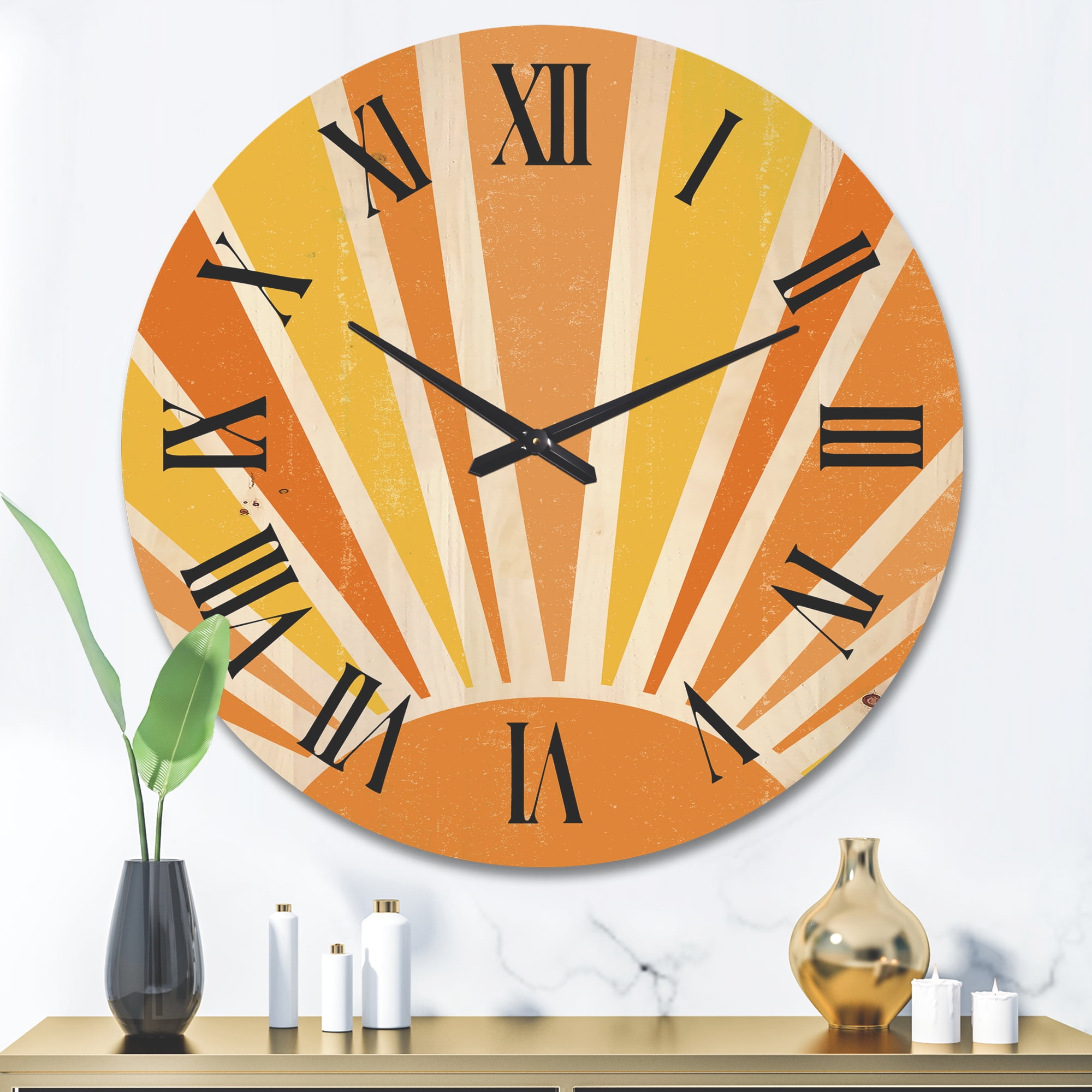 Designart 'Minimal Bright Shining Orange Sun Rays II' Modern Wood Wall Clock