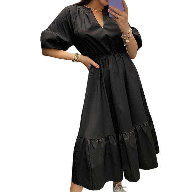 SAYOO Vestido de verano de mujer, vestido de moda de cuello V de color sólido y esponjoso SAYOO moda