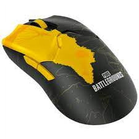 razer viper v2 pro - pubg: edición battlegrounds ratón inalámbrico para deportes electrónicos razer rz01-04390600-r3m1 3/4 frontal de ratón inalámbrico negro con gráficos amarillos: silueta amarilla sobre la carcasa, rueda y botones laterales amarillos, texto 'BATTLEGROUNDS' en blanco, perfil ambidiestro y superficie con patrón sutil; diseño ultraligero apto para juego competitivo y uso en viaje.