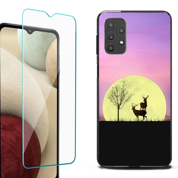 Slim-Fit Flexible TPU Gel Phone Case (black) for Samsung Galaxy A32 5G, with Tempered Glass Screen Protector, by OneToughShield ® - Moonlight Deer